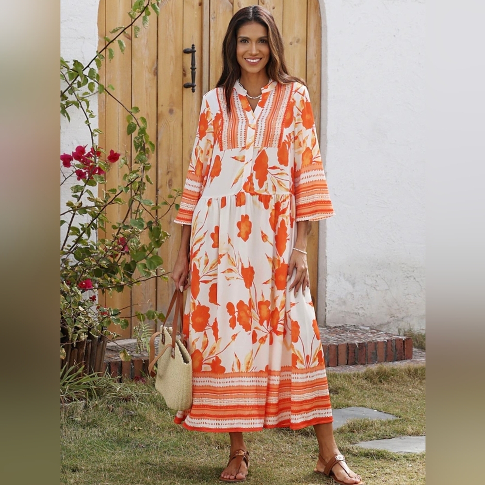 NWT - Boho Floral Maxi Dress - Orange & Cream
